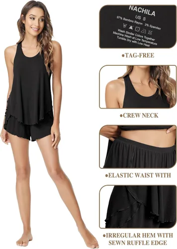 Vista 4 de NACHILA Conjunto de pijama para mujer, camiseta sin mangas de bambú acanalada con espalda cruzada y pantalones cortos, ropa de dormir sin mangas