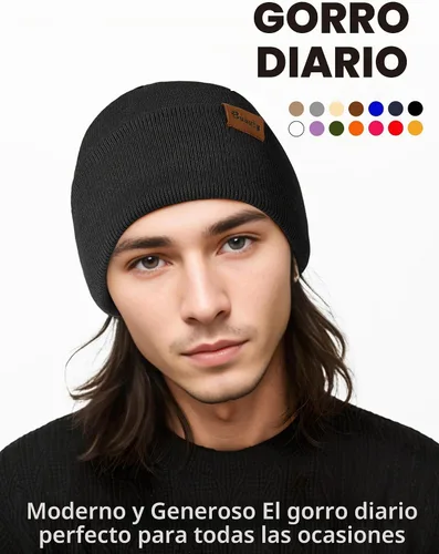 Vista 4 de Gorro de punto para hombre y mujer, gorro de invierno de punto, gorro de calavera, gorro de nieve a rayas, gorro térmico con puños 2p-negro+verde