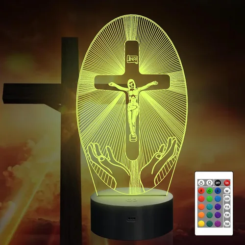 Vista 10 de Attivolife Cruz de Jesús 3D Luz Nocturna, Lámpara de Ilusión Óptica Holograma Cristiana con Control Remoto de 16 Colores Cambiantes, Lámpara LED