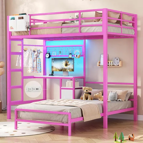 Vista 12 de DICTAC Litera de tamaño matrimonial sobre cama individual con escritorio y estación de carga, litera de metal tamaño matrimonial sobre individual