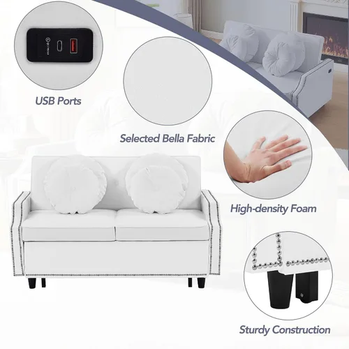 Vista 7 de Elegante sofá cama convertible de 54.7 pulgadas, sofá modular con cama extraíble con dos puertos USB y 4 almohadas, sofá biplaza para espacio