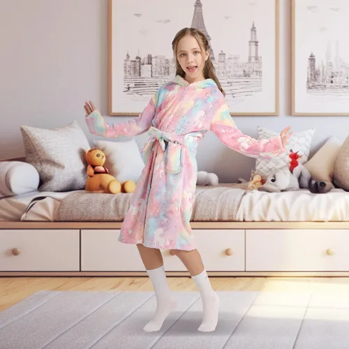 Vista 2 de ALLINCOZY Bata de baño que brilla en la oscuridad para niños de 3 a 12 años, bata de franela con capucha para niñas y niños, regalo de ropa