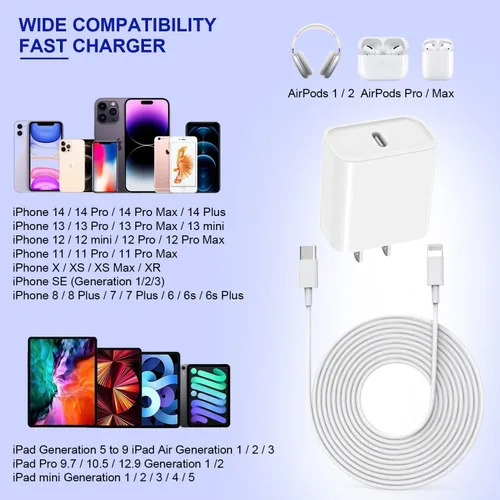 Vista 2 de Cordón de carga para iPhone de 6 pies, paquete de 3 【certificado Apple MFi】 USB C cargador rápido para iPhone, cargador de viaje, bloque de carga