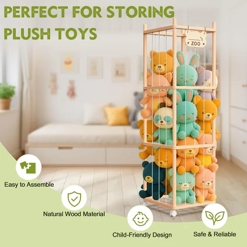 Vista 3 de Almacenamiento y Organizador de Animales de Peluche May Eileen, Soporte de Juguete de Zoológico de Madera Bonito para Habitaciones de Niños