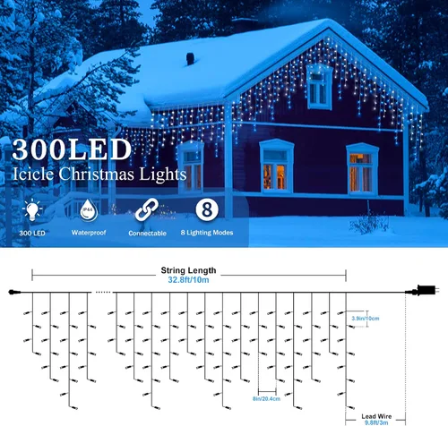 Vista 2 de Luces de carámbano para decoración al aire libre, 300 LED, 33 pies, 8 modos, cortina de luces con 50 gotas, tira de luces LED para interiores