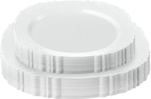 Vista 27 de PLASTICPRO Juego de 32 elegantes platos desechables de plástico que incluye 16 platos llanos y 16 platos de ensalada, platos de fiesta resistentes
