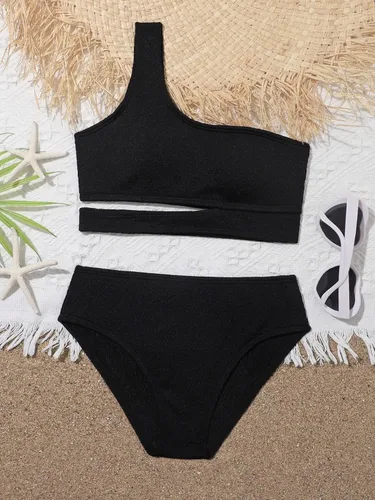 Vista 3 de Cozyease Traje de baño de bikini con corte de un hombro para niña, trajes de baño inalámbricos