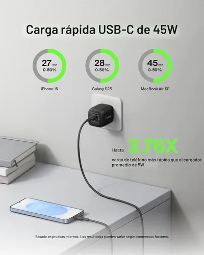 Vista 2 de [Usado] Belkin Bloque de cargador USB C dual de 45 W, PD3.0 con GaN - Carga súper rápida - Samsung Galaxy S25, Apple iPhone 17, Air, Pro, Pro Max