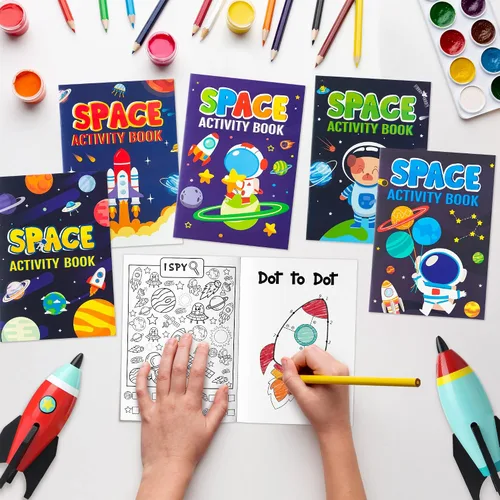 Vista 4 de Juego de libros de actividades espaciales a granel para niños Space Theme Drawing Booklet with Mazes Word Search Word Scramble Games for Birthday