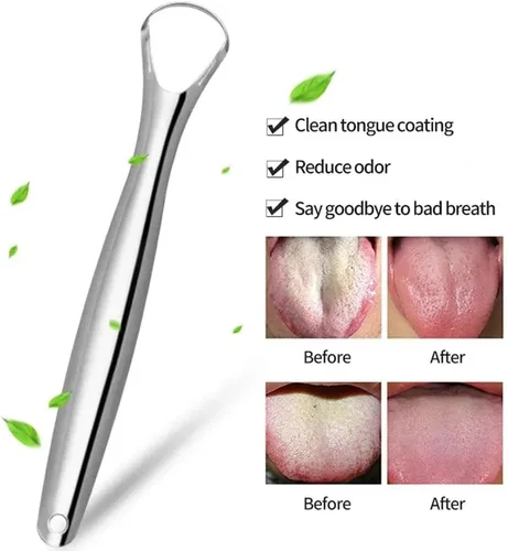 Vista 2 de Raspador de lengua de acero inoxidable, raspador de lengua de metal para adultos, cepillo de lengua reutilizable y ecológico, limpiador de lengua