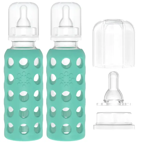 Vista 2 de Lifefactory Biberones de vidrio con protección de silicona, paquete de 2, botellas de 9 onzas, col rizada