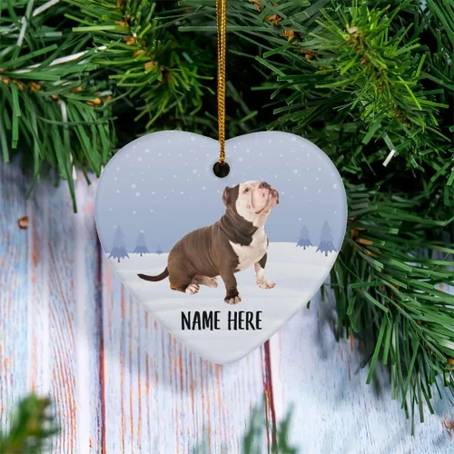 Vista 2 de Personalized Name American Bully Brown Christmas Tree Ornaments Ceramic Heart Decorations Gifts for Dog Lovers