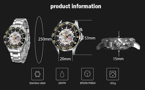 Vista 6 de TSAR BOMBA Reloj híbrido automático GMT para hombre, 656.2ft, impermeable, japonés, con movimiento de carga automática, fecha, almacenamiento
