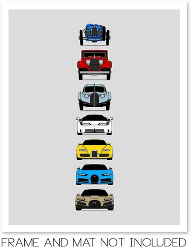 Vista 2 de Custom Car Posters Handmade Poster compatible with Bugatti Generations Print of Best of Bugatti (Type 35, Type 41, Type 57SC, EB110, Veyron, Chiron)