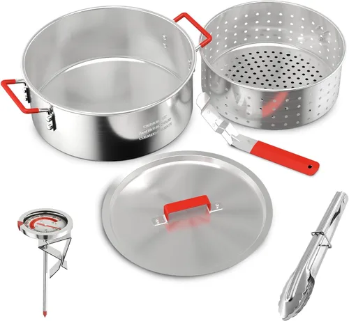 Vista 9 de Freidora de pescado 10QT con canasta, tapa y pinzas, olla de aluminio Olla con termómetro, para pescado, alas de pollo y papas fritas, solo llama