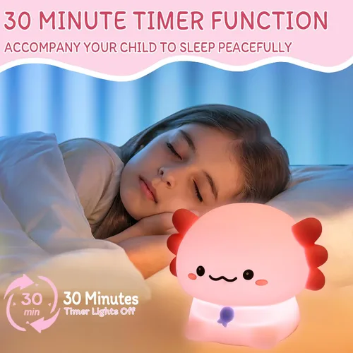 Vista 2 de Axolotl - Luz nocturna para niños – Regulador de intensidad de 3 niveles y temporizador de apagado automático, lámpara de silicona segura