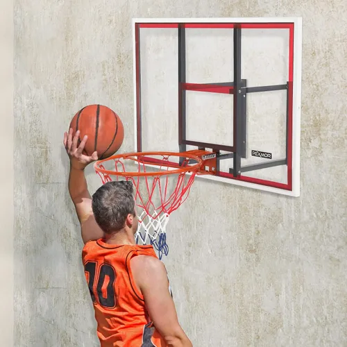 Vista 2 de PEXMOR Kit combinado de aro y portería de baloncesto para montaje en pared, tablero de policarbonato inastillable, marco de acero inoxidable