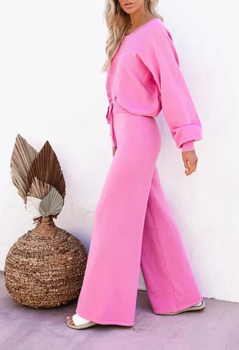 Vista 4 de Pink Queen Conjunto de 2 piezas de suéter de manga larga y pantalones largos de pierna ancha para mujer