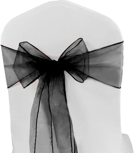 Vista 7 de Paquete de 50 bandas para sillas de organza negra, lazos para silla para decoración de fiestas, bodas, conferencias, sillas de gasa universales