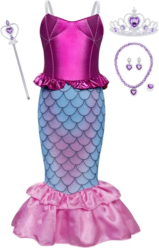 Vista 3 de HenzWorld Mermaid Princess Costume Dress up Outfit Birthday Party Spaghetti Strap Fish Skirt Accessories Jewelry Pink