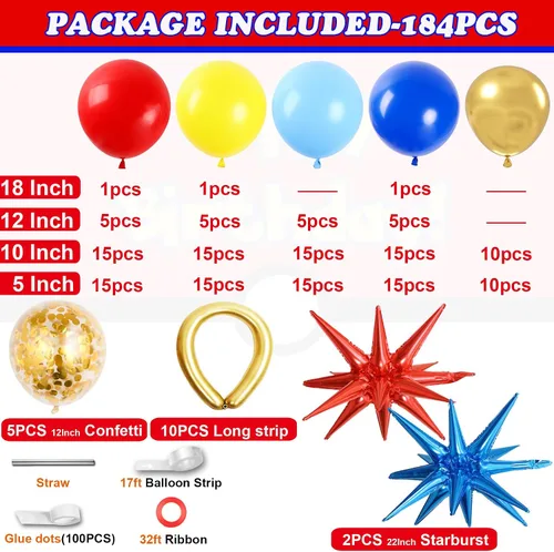 Vista 2 de Kit de arco de globos de dibujos animados, 184 globos largos de confeti de color rojo, amarillo, azul, dorado con globo de aluminio de estrella