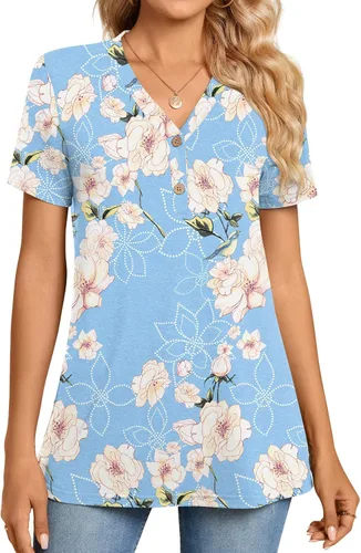Vista 2 de BISHUIGE - Blusa tipo túnica con cierre de botones para mujer, escote en V, estilo informal