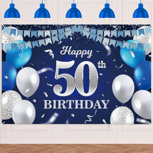 Vista 20 de Bandera de feliz primer cumpleaños con fondo azul marino, globos, confeti, bandera de rayas, luces de puntos, felicitaciones por el tema de 1 año