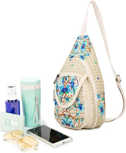 Vista 6 de SILKAREA Bolso bandolera pequeño de lona vintage para mujer, bolso cruzado, bolso cruzado bohemio bordado mochila (beige azul)