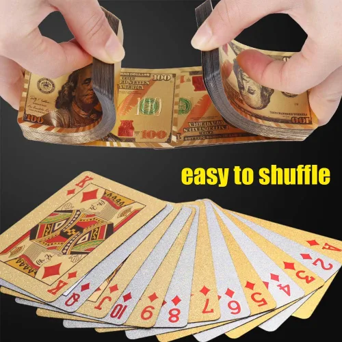 Vista 4 de Joyoldelf 2 barajas de cartas de juego de 24 quilates, póquer impermeable con patrón de dólar en caja de regalo, 1 oro + 1 plata
