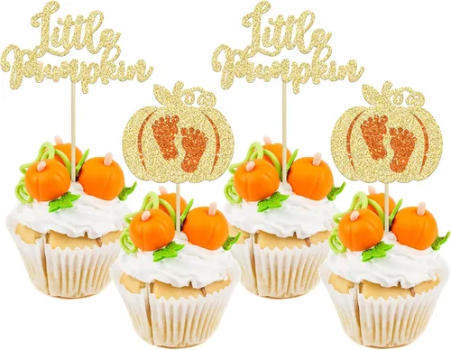 Vista 15 de 24 adornos para cupcakes de calabaza para niños o niñas con purpurina para revelación de género, decoración para cupcakes de calabaza, pies
