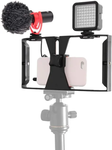 Vista 3 de FocusFoto PRO U-Rig - Soporte estabilizador para cámara de video para teléfono inteligente, agarre estabilizador con micrófono mejorado por-MM1+