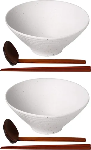 Vista 10 de Kanwone Juego de cuencos de cerámica japoneses para ramen, cuencos de sopa de fideos, 37 onzas, con cucharas y palillos a juego para fideos Negro