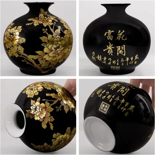 Vista 6 de ECYC Florero de cerámica de mesa hecho a mano brillante peonía pastel floreros de porcelana negra esmalte de cristal floreros decoración del hogar