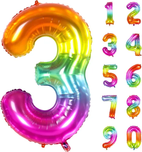 Vista 7 de Globo numérico, globos numéricos gigantes de 40 pulgadas para decoraciones de cumpleaños arco iris, globos numéricos grandes de 0 de mylar