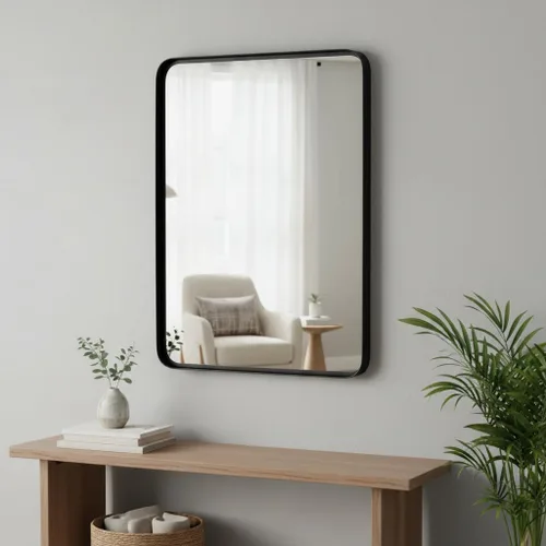 Vista 10 de Tangkula Espejo de baño de 36 x 24 pulgadas para pared, espejo moderno rectangular con marco de acero sólido y esquinas redondeadas, espejo