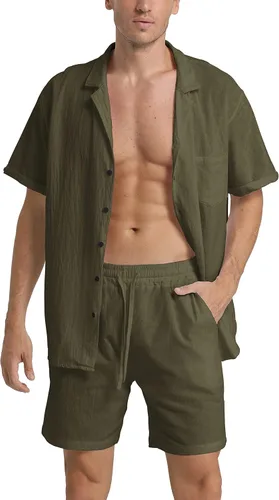 Vista 2 de RPOVIG Conjunto corto de camisa de lino: conjunto casual de 2 piezas con botones para hombre