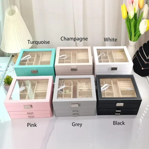 Vista 7 de BOOVO Clear Lid Jewelry Box For Girl,3 Layers Jewelry Organizer boxes For Women Turquoise Earring Jewelry Box For Girl Necklace Ring Bracelet