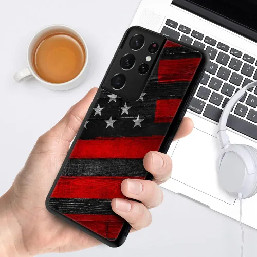 Vista 5 de Funda compatible con Samsung Galaxy S21 Ultra, funda protectora de madera con bandera estadounidense antideslizante y a prueba de golpes