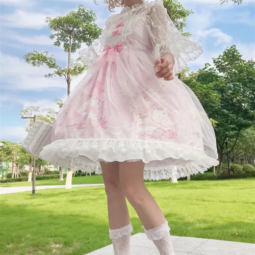 Vista 2 de BXSM Lolita - Vestido de princesa Kawaii de gasa de encaje para niña, vestido encantador Lolita para uso diario, Rosado
