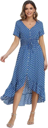 Vista 5 de Vestido largo bohemio de manga corta con cuello en V para mujer, con cintura elástica
