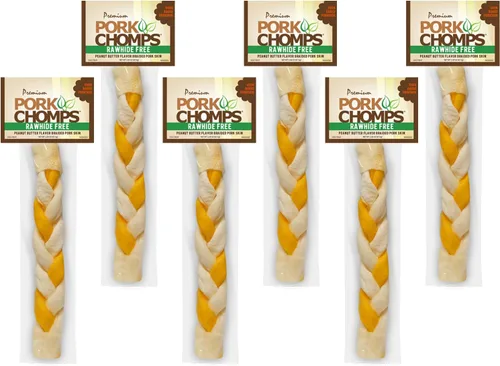 Vista 10 de Pork Chomps Piel de cerdo asada para masticar para perros, trenza de 8 pulgadas, sabor a mantequilla de maní, 1 unidad Oven-baked from real pork