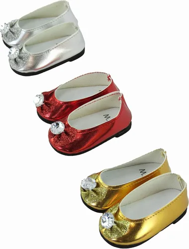 Vista 9 de American Fashion World Zapatos planos con lazo de diamante metálico rosa intenso, lavanda y verde azulado para muñecas de 14 pulgadas, paquete de 3