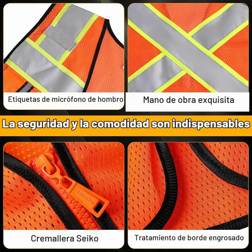 Vista 4 de Chaleco de seguridad clase 2 con cremallera frontal y múltiples bolsillos, chaleco de alta visibilidad, cumple con las normas ANSI/ISEA