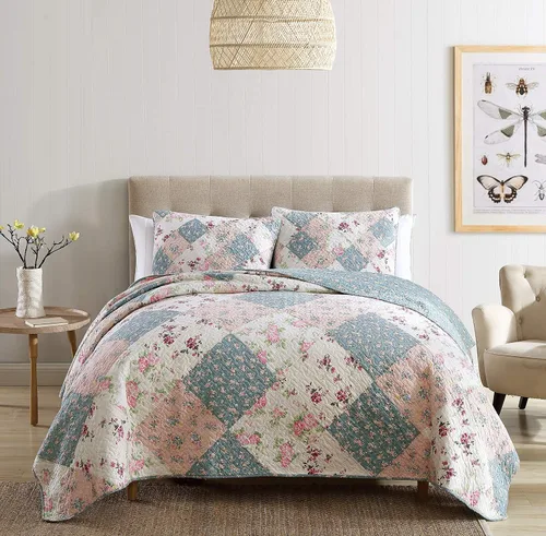 Vista 12 de Chezmoi Collection Delaney - Juego de edredón de 2 piezas, diseño floral de retazos prelavados, 100% algodón, tamaño individual