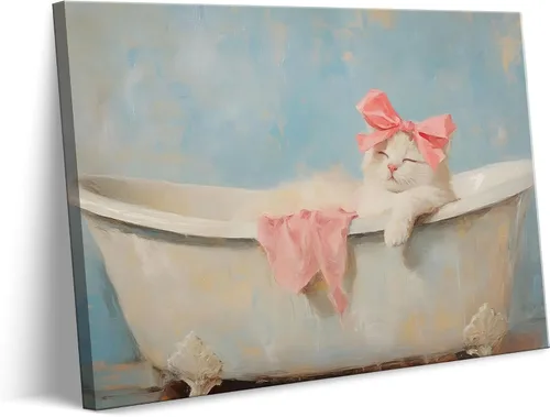 Vista 12 de Lienzo de paisaje victoriano OVNI para pared, diseño divertido de alienígena montando un gato, cuadros eclécticos de gato, póster impreso