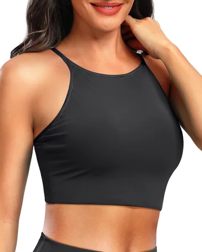 Vista 3 de Aqua Eve Top corto de natación para mujer, solo brasier deportivo, parte superior de bikini de cuello alto, parte superior de traje de baño