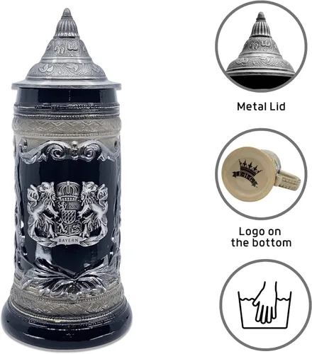 Vista 2 de OktoberfestHaus - Taza de cerveza con escudo de armas del Bayern alemán, escudo de armas con emblema de metal en color negro carbón con tapa