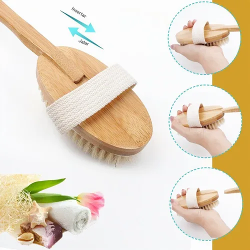 Vista 5 de Cepillo corporal de baño y ducha, cepillado de piel seca con cerdas de jabalí 100% naturales y mango desmontable de bambú de 16 pulgadas de largo