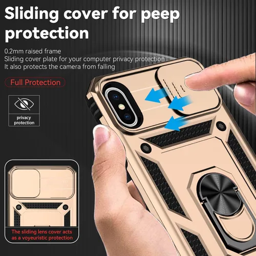 Vista 2 de Funda para iPhone X/XS con protección de lente, funda para iPhone X/XS con funda para cámara y soporte, grado militar, a prueba de golpes Oro