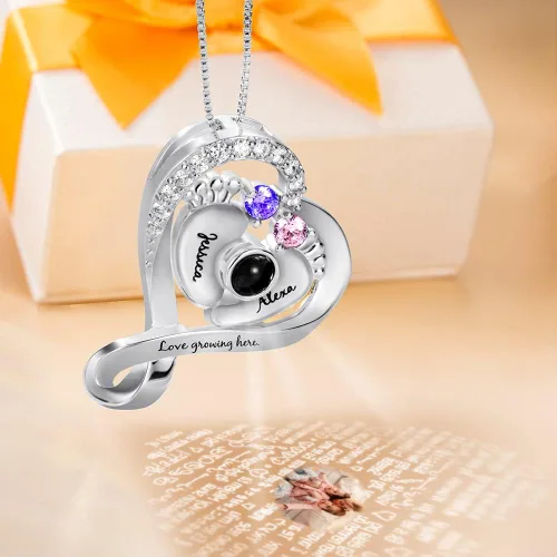 Vista 2 de AILIN Collar de proyección de fotos de corazón personalizado con dos nombres y piedras natales collar de imagen personalizada de latón con estampado